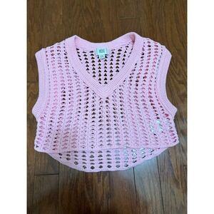 BDG Urban Outfitters Pink Crochet Knit V-Neck Sweater Vest Cropped Medium